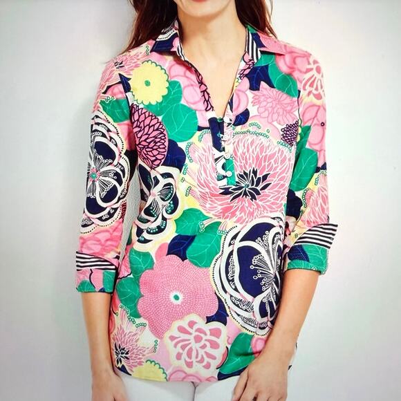 Talbots Women XL Cotton Popover Tunic Top Bold Multicolor Floral Resort Preppy - Picture 1 of 8